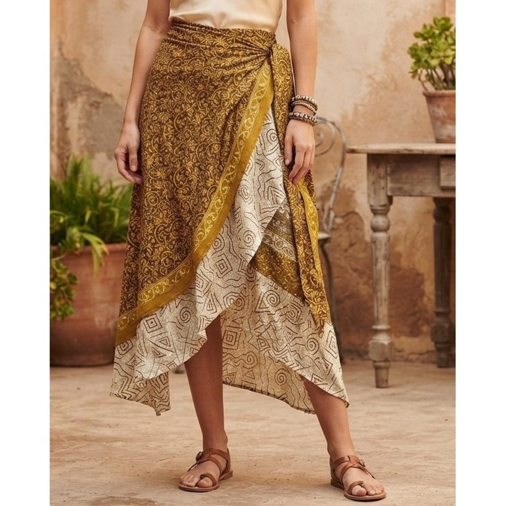 Reversible Silk Blend Sari Wrap Maxi Skirt Reversible Women's OS Floral Boho